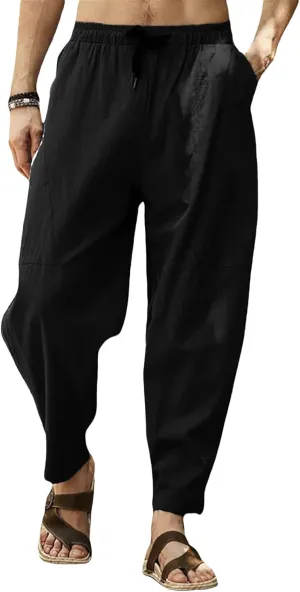 Men's Cotton Linen Casual Hip-Hop Pants Elastic Waist Drawstring Lightweight Pans Loose Fit Summer Beach Yoga Trousers
