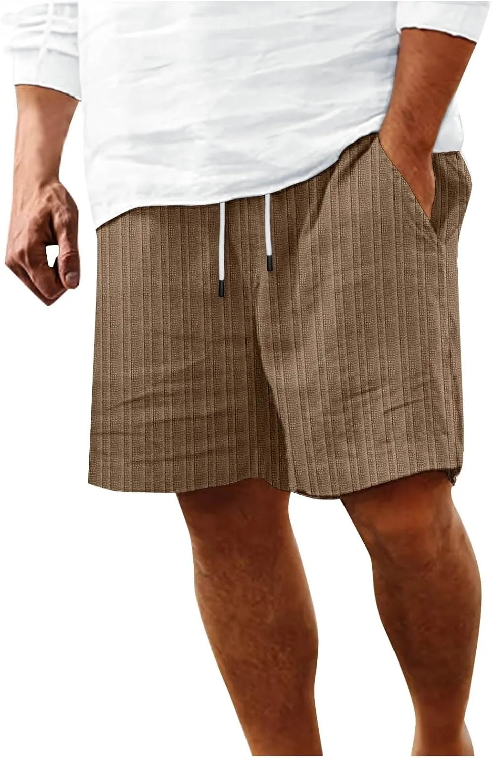 Men's Linen Cargo Shorts Summer Casual Elastic Waist Drawstring Beach Shorts with Pockets Lightweight