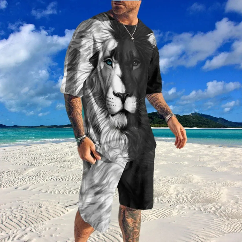 Summer Men Tshirt Suit 3D Printed Striped Pattern Men Tracksuit  Jogging Short Sleeve Tshirts Set Streetwear For Men Clothing