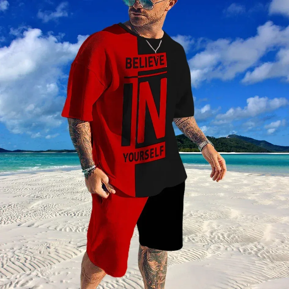 Summer Men Tshirt Suit 3D Printed Striped Pattern Men Tracksuit  Jogging Short Sleeve Tshirts Set Streetwear For Men Clothing
