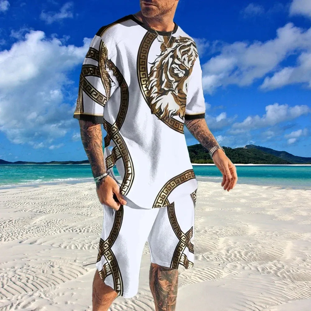 Summer Men Tshirt Suit 3D Printed Striped Pattern Men Tracksuit  Jogging Short Sleeve Tshirts Set Streetwear For Men Clothing