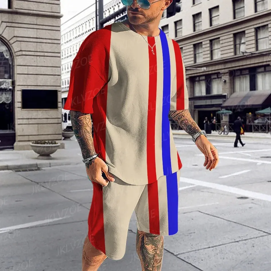 Summer Men Tshirt Suit 3D Printed Striped Pattern Men Tracksuit  Jogging Short Sleeve Tshirts Set Streetwear For Men Clothing