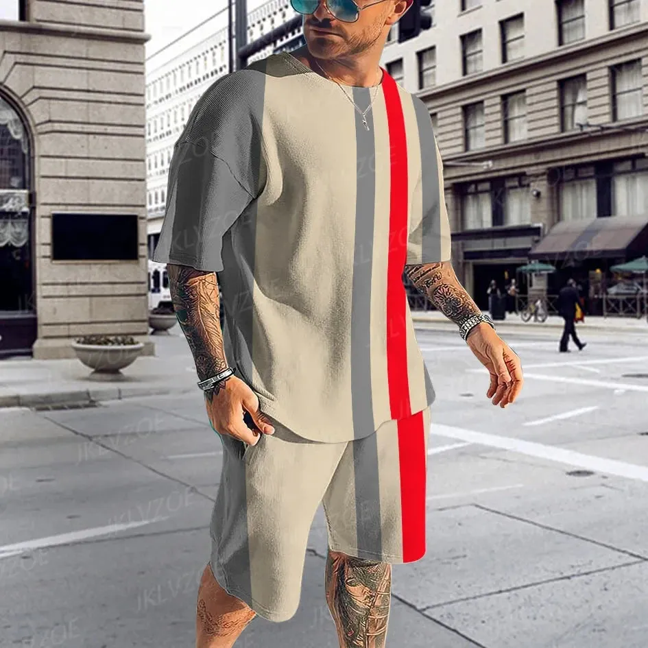 Summer Men Tshirt Suit 3D Printed Striped Pattern Men Tracksuit  Jogging Short Sleeve Tshirts Set Streetwear For Men Clothing