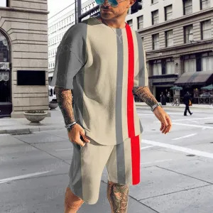 Summer Men Tshirt Suit 3D Printed Striped Pattern Men Tracksuit  Jogging Short Sleeve Tshirts Set Streetwear For Men Clothing