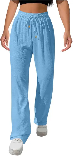 Wide Leg Pants for Women Elastic High Waist Drawstring Baggy Trousers Solid Color Loose Fit Flowy Beach Palazzo Pant