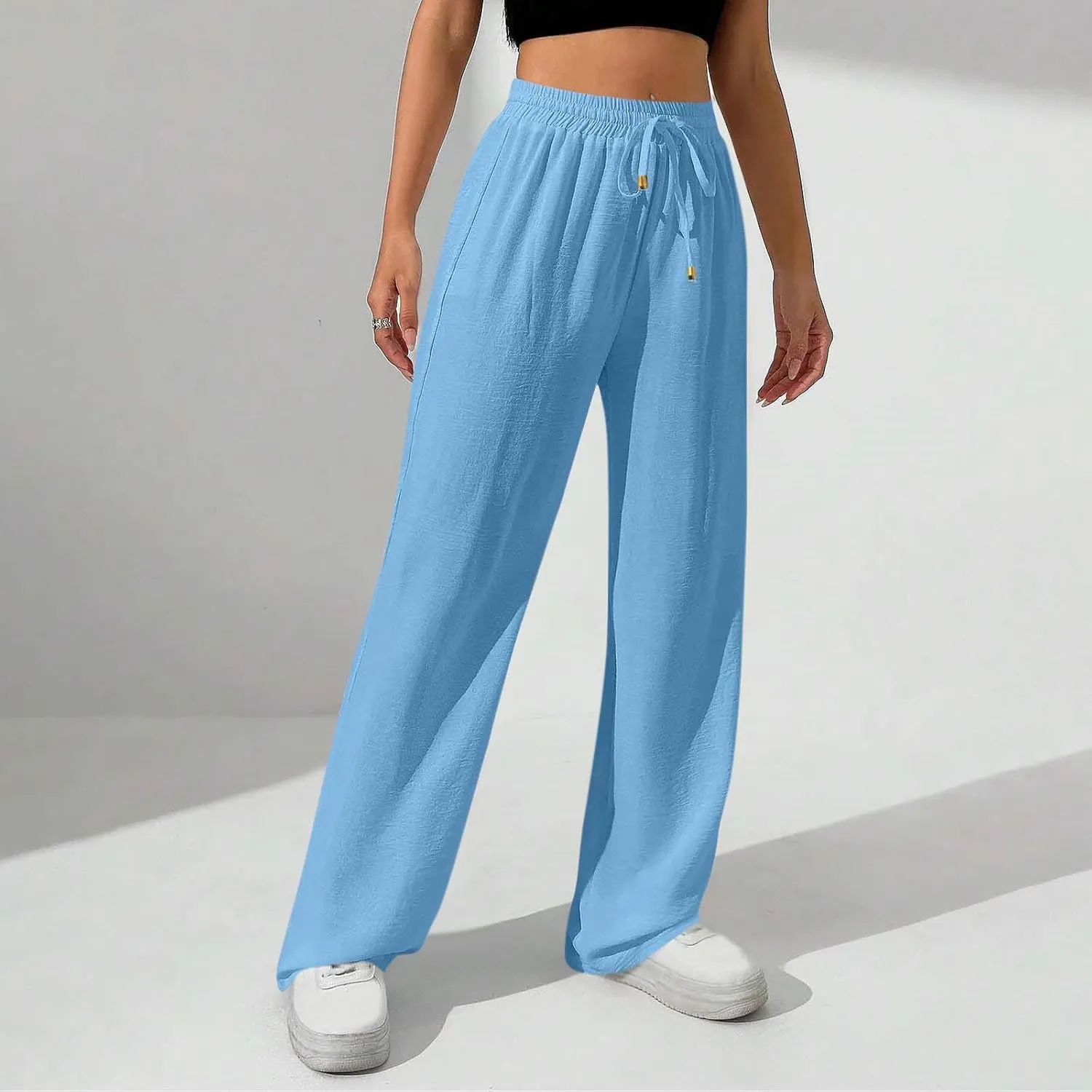 Wide Leg Pants for Women Elastic High Waist Drawstring Baggy Trousers Solid Color Loose Fit Flowy Beach Palazzo Pant