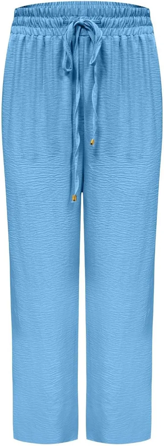 Wide Leg Pants for Women Elastic High Waist Drawstring Baggy Trousers Solid Color Loose Fit Flowy Beach Palazzo Pant